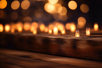 Empty wooden surface against a backdrop of blurry night lights, bokeh effect. generative ai