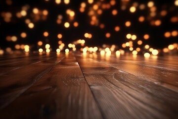 Empty wooden surface against a backdrop of blurry night lights, bokeh effect. generative ai