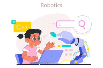 Fototapeta na wymiar Child do programming. AI technologies and robotics educational