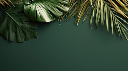 Eco green palm leaves on tropical color background, minimal.