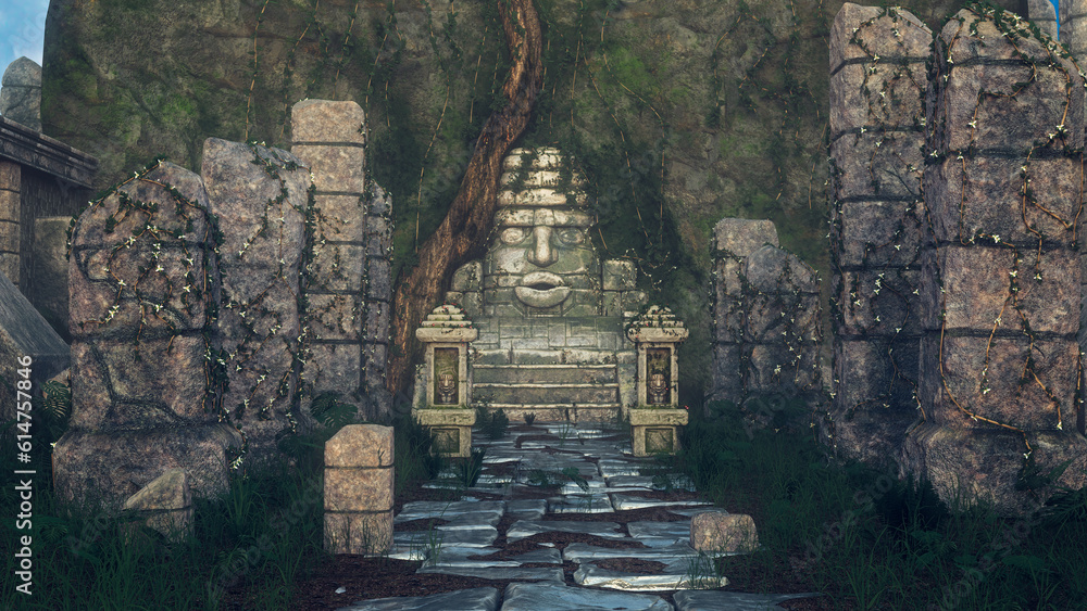 Poster Ruins of an ancient Aztec or Mayan temple in the jungle. 3D rendering.
