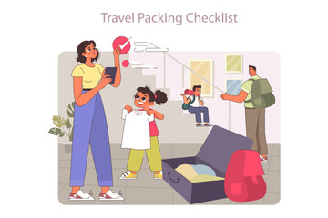 Family trip. Big family with children planning a vacation on a summer