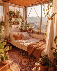 beautiful hotel bedroom in the morning, ai generated