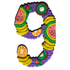 Bright plasticine numbers. Fruity, summer theme. Number 9 isolated on white background. 3d illustration