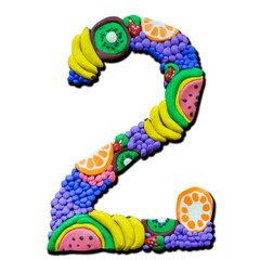 Bright plasticine numbers. Fruity, summer theme. Number 2 isolated on white background. 3d illustration