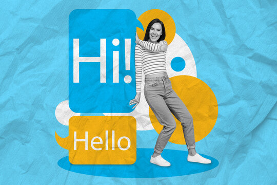 Composite collage picture of mini black white colors girl push big dialogue bubble hi hello text isolated on paper blue background