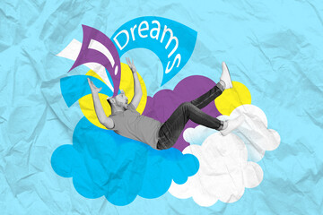Image poster collage picture of funky crazy man flying dreams clouds isolated on blue painted background
