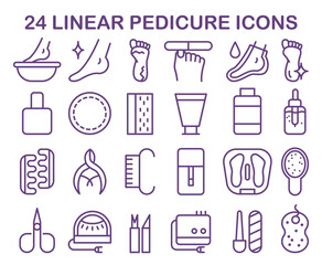 Pedicure and spa treatment linear icons set. Professional equipment