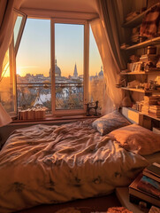 bedroom with stunning view over an European city, ai generated