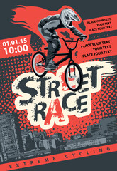 Obraz premium Vector banner or flyer with cyclists on the bikes and words Street race, Extreme sport on an urban background. Poster for street cycling race, bicycle club, extreme sports in a modern style