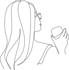 Girl drinks wine or champagne from a glass. Linear silhouette of a woman with a glass goblet. Drawing in one continuous line. Linear glamour logo in minimal for wine label.
