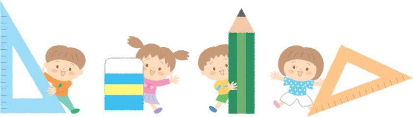 大きな文房具を持つ子どもたち