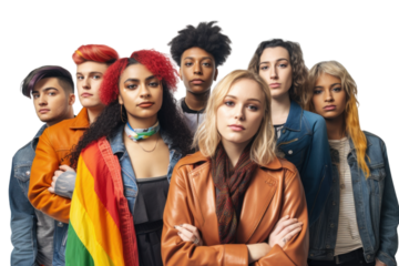 a photo of a group of young diverse people lgbtq+ activists holding the lgbt pride rainbow flag. png isolated on transparent background. Generative AI