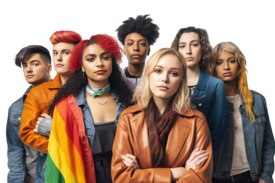 a photo of a group of young diverse people lgbtq+ activists holding the lgbt pride rainbow flag. png isolated on transparent background. Generative AI - Powered by Adobe