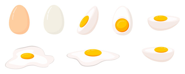 Fresh and boiled eggs. Cartoon broken eggs with cracked eggshell, in cardboard box and egg half with yolk vector illustration

