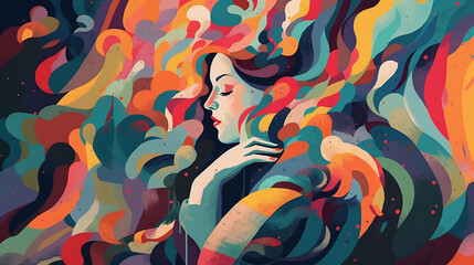 abstract colorful background of a woman surrounded by waves  - obrazy, fototapety, plakaty