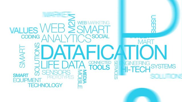 Datafication technology trend life into big data smart predictive analytics words tag cloud text science IA artificial intelligence blue text white background word animation