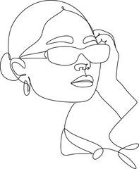 Stylish one continuous line woman in sunglasses. Fashionable typography girl in minimalist style. Beauty sign. Attractive fashion model. Summer fashion. Human avatar in glasses