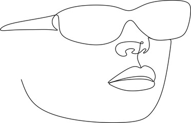Stylish one continuous line woman in sunglasses. Fashionable typography girl in minimalist style. Beauty sign. Attractive fashion model. Summer fashion. Human avatar in glasses
