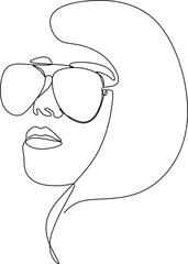 Stylish one continuous line woman in sunglasses. Fashionable typography girl in minimalist style. Beauty sign. Attractive fashion model. Summer fashion. Human avatar in glasses