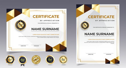 Black and gold certificate of appreciation border template with luxury badge and modern line and shapes. For award, business, and education needs. Diploma vector template