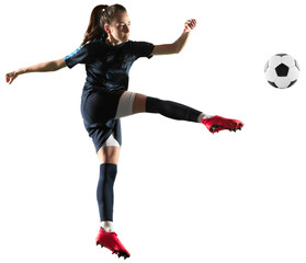 Young sportive woman, professional football, soccer player in motion, kicking ball isolated on...