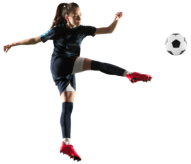 Young sportive woman, professional football, soccer player in motion, kicking ball isolated on transparent background. Concept of professional sport, competition, hobby, action and motion