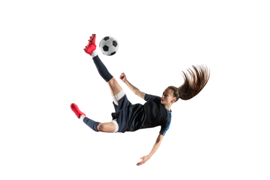 Competitive spirit. Young professional football player in motion, kicking ball in jump isolated on transparent background. Concept of professional sport, competition, hobby, action and motion - Powered by Adobe