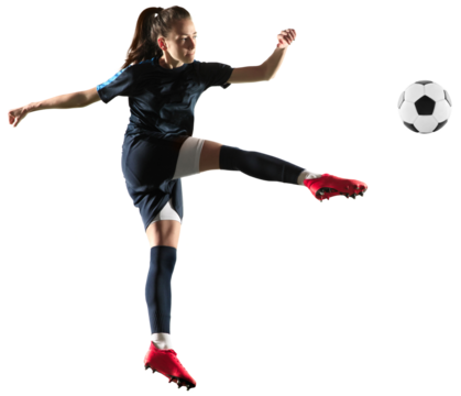 Young sportive woman, professional football, soccer player in motion, kicking ball isolated on transparent background. Concept of professional sport, competition, hobby, action and motion