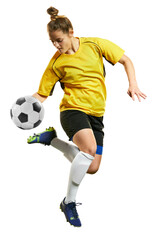 Hitting ball. Young professional female football player in motion, training, playing football, soccer isolated on transparent background. Concept of professional sport, competition, action and motion