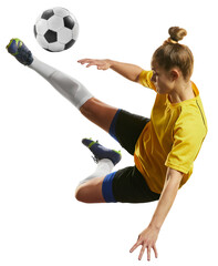 Young professional female football player in motion, hitting ball in jump isolated on transparent...