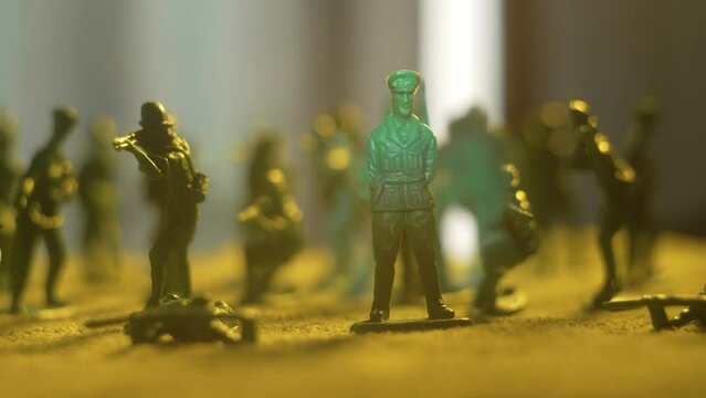 Imitation of spotlight illuminating army general surrounded by armed soldiers. Violence war resistance and peace without armored invasion