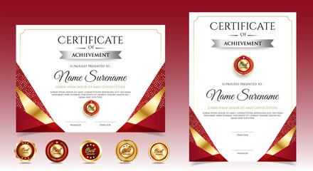 Modern employee of the month certificate. Black and Gold certificate with badges. vector - obrazy, fototapety, plakaty