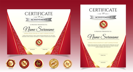 Modern employee of the month certificate. Black and Gold certificate with badges. vector