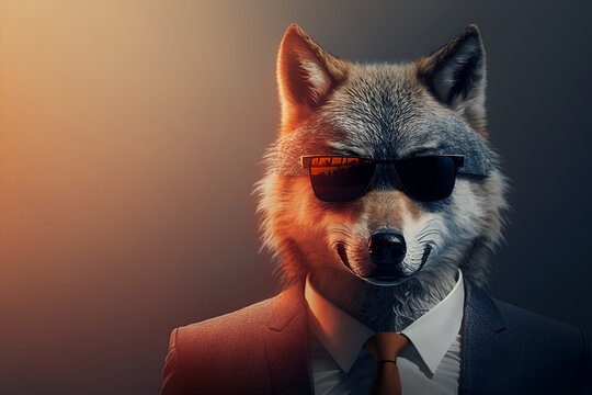 Studio portrait of wolf in suit shirt tie and sunglasses
