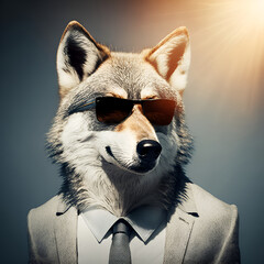 Fototapeta premium Studio portrait of wolf in suit shirt tie and sunglasses