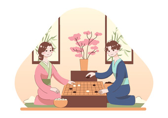 Characters playing a traditional chinese game. Gobang or Go strategy