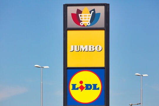 Dutch advertising billboard of the Jumbo and Lidl super market stores in Arnhem, The Netherlands on June 14, 2023