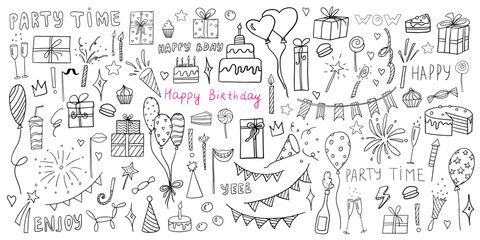 Cute big celebration clipart set in doodle style. Party time clipart with gifts, delicious, cake, quotes, balloons, candles, garland and fireworks. Great for party, birthday, children's holiday. 