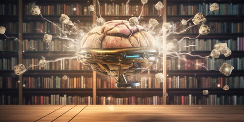 Flying brain with illuminated activity zones flies in air, against background of books, concept of Neuroscience mapping, created with Generative AI technology
