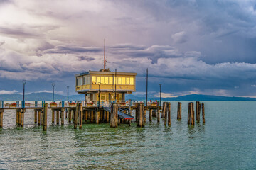 Ferry station harbor in Passignano, Lake Trasimeno, Umbria, Italy