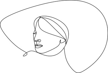 Abstract linear woman in hat. Minimal portrait. Head fashionable accessory. One line continuous. Beauty and glamour concept. Cap headgears for lady. Hand drawn vector illustration.