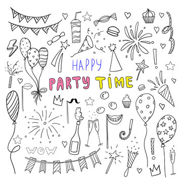 Cartoon celebration clipart set in doodle style. Party time clipart with delicious, champagne, glasses, balloons,  garland and fireworks. Great for party, birthday, children's holiday.  