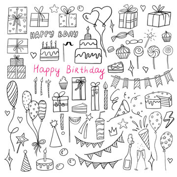 Big celebration clipart set in doodle style. Party time clipart with gifts, delicious, cake, quotes, balloons, candles, garland and fireworks. Great for party, happy birthday, children's holiday. 