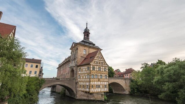 Bamberg Germany time lapse 4K, city skyline timelapse at Altes Rathaus Old Town Hall and Linker Regnitzarm River