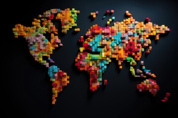 World map made of colored cubes and blocks, abstract background. Generative AI