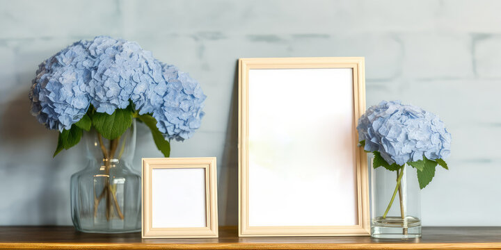 Mockup with blue hydrangea or hortensia with empty frame for text. Botanical flowers background. Nature summer wallpaper. Generative ai