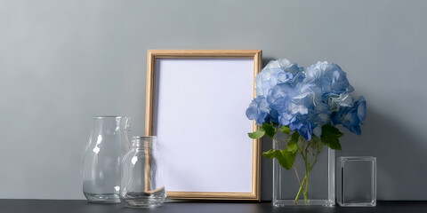 Mockup with blue hydrangea or hortensia with empty frame for text. Botanical flowers background. Nature summer wallpaper. Generative ai