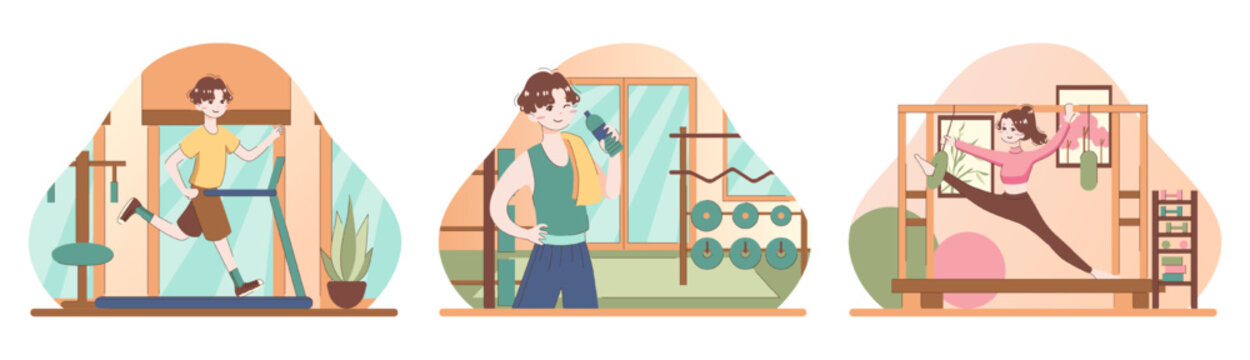 People doing sport set. Modern sport activities and fitness in the gym