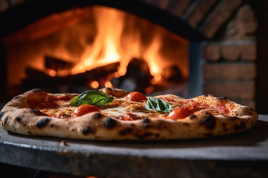 Pizza Margherita on a rustic stone oven with visible flames in the background